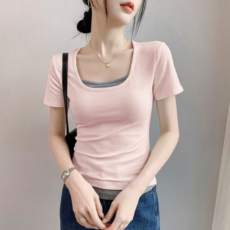 Gray Fake Two-Piece Short-Sleeved T-Shirt For Women 2025 U-Neck Pure Cotton T-Shirt Slim Contrasting Color Patchwork Waist Top - Image 1