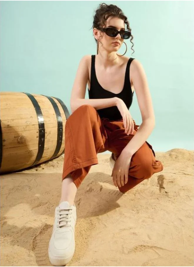 Styli Solid Mid Rise Cargo Pants with Button Detail by Styli