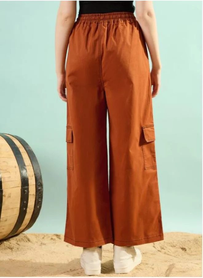 Styli Solid Mid Rise Cargo Pants with Button Detail by Styli