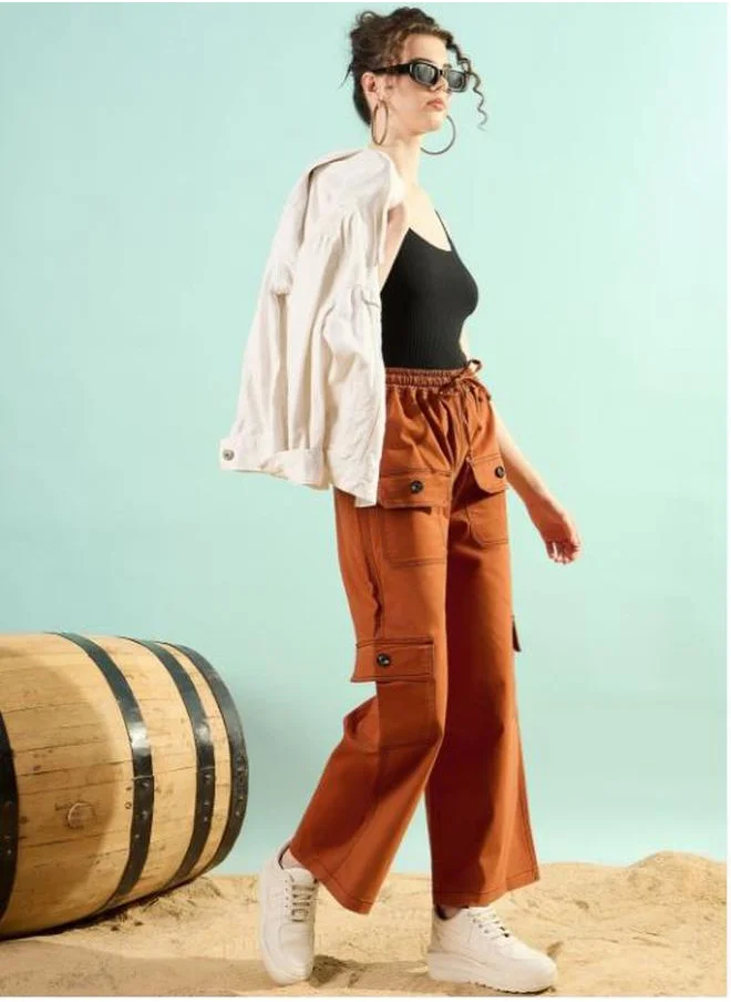 Styli Solid Mid Rise Cargo Pants with Button Detail by Styli