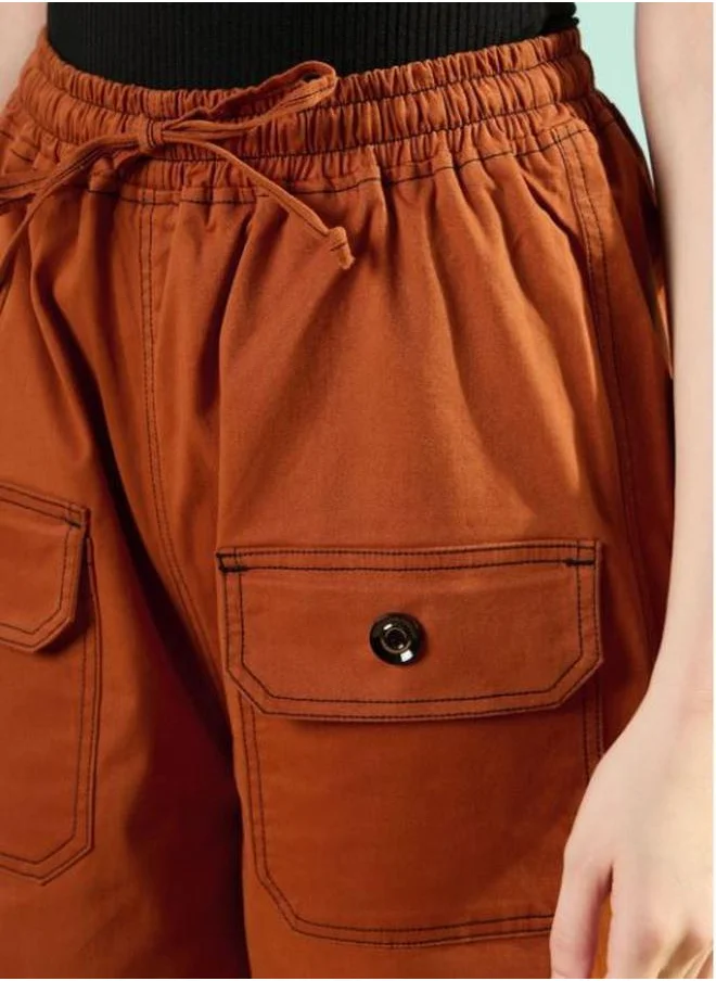 Styli Solid Mid Rise Cargo Pants with Button Detail by Styli