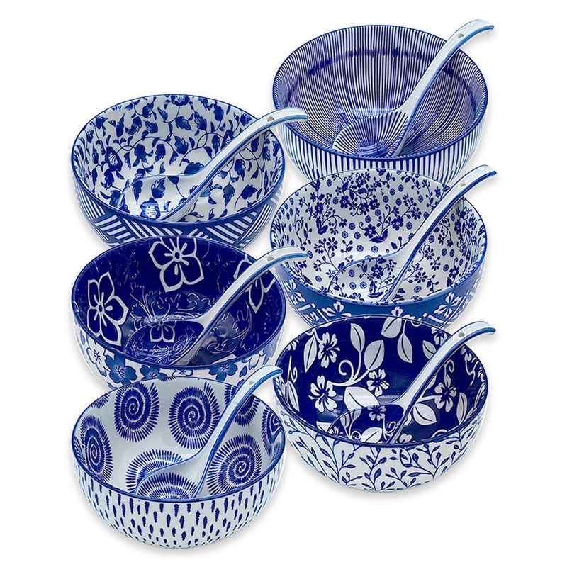 KeQiu Japanese Ceramic Bowls Set of 6, 28 Oz Large Asian Porcelain Ramen Soup Salad Cereal Noodle Bowl with 6 Spoons, Deep Bowl for Kitchen Decor and Housewarming Gift, Dishwasher & Microwave Safe - Image 1