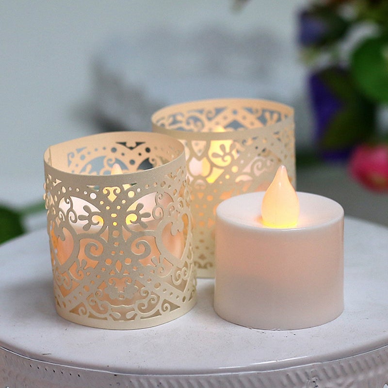 50pcs Hollow Out Candle Wrappers Decor Candle Shade Paper Candle Decoration for Wedding Birthday Party Baby Shower (Beige) - Image 1