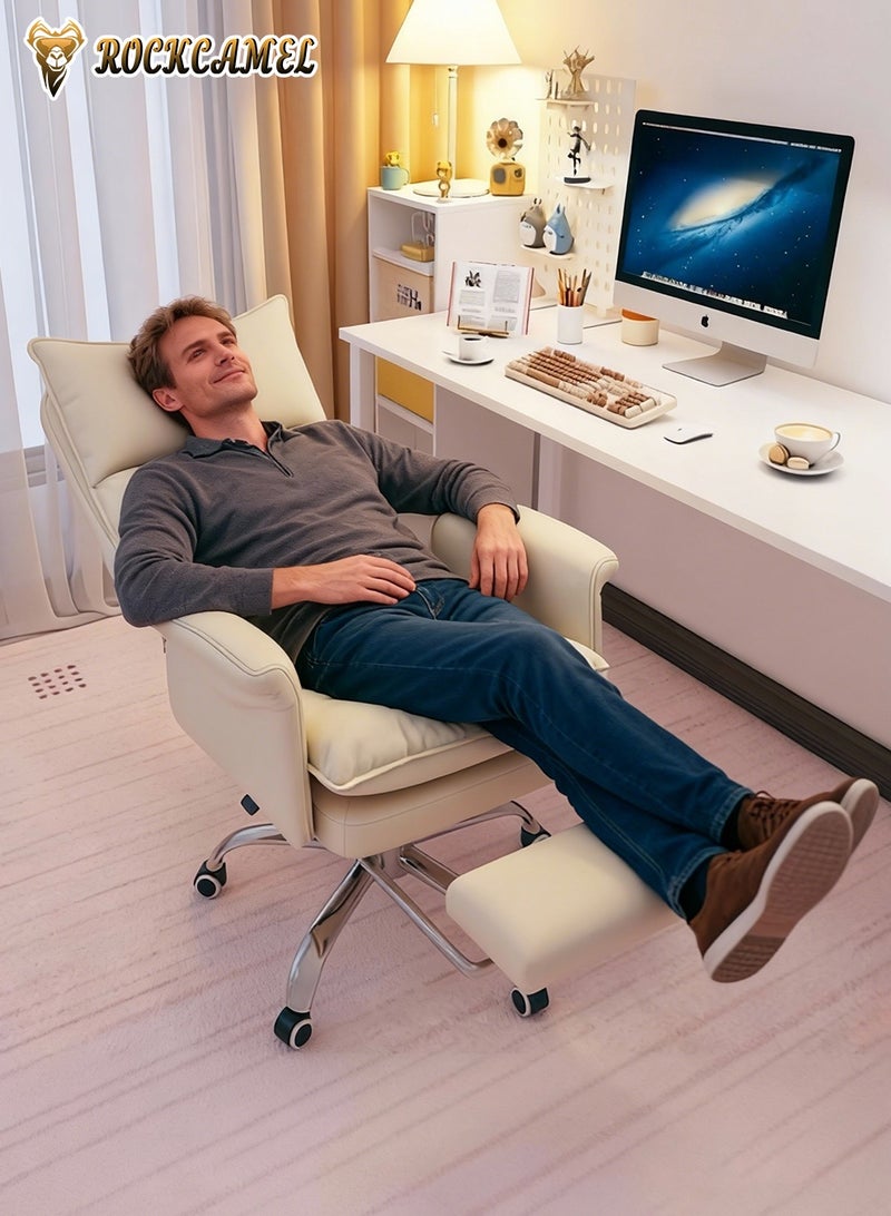 ROCKCAMEL كرسي ألعاب مريح، كرسي مكتب للمساحات الصغيرة، كرسي مكتب منزلي مع مسند قدم قابل للسحب، كرسي كمبيوتر بمسند ظهر مرتفع مع مسند رأس سميك للغاية ووسادة من اللاتكس، مريح للجلوس لساعات طويلة، أبيض - Image 2