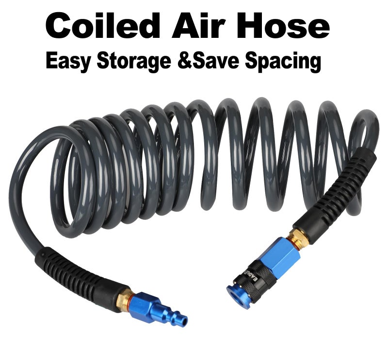 EADUTY Heavy Duty Polyurethane Recoil Air Hose 1/4 in x 25 ft, Lightweight, Flexible Compressor Hose with Universal Quick Coupler, Plug and Bend Restrictors, Gray - Image 3
