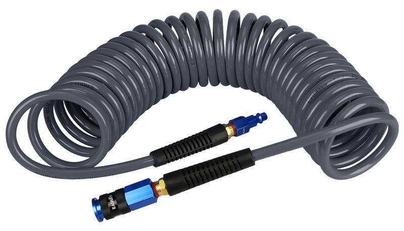 EADUTY Heavy Duty Polyurethane Recoil Air Hose 1/4 in x 25 ft, Lightweight, Flexible Compressor Hose with Universal Quick Coupler, Plug and Bend Restrictors, Gray - Image 1