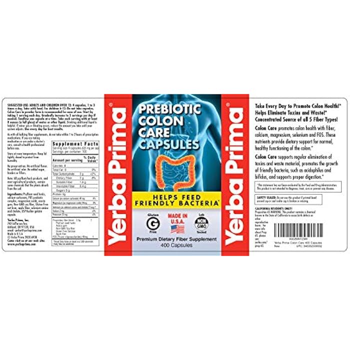 Yerba Prima Prebiotic Colon Care Capsules, 400 Caps - Five Forms of Fiber Plus FOS Pre-biotics - Dietary Health Supplement - Healthy Soluble & Insoluble Fibers for Regularity & Digestive Support - Image 5