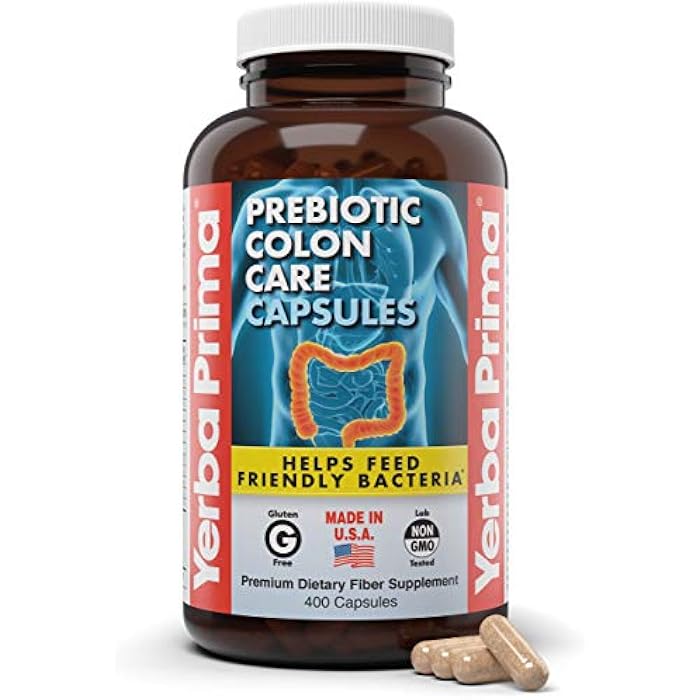 Yerba Prima Prebiotic Colon Care Capsules, 400 Caps - Five Forms of Fiber Plus FOS Pre-biotics - Dietary Health Supplement - Healthy Soluble & Insoluble Fibers for Regularity & Digestive Support - Image 1
