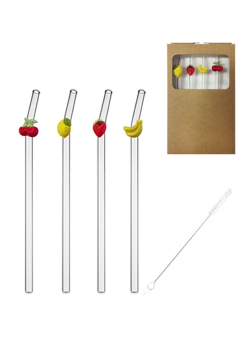 ايكانبو 4 قطع من المصاصات الزجاجية المقاومة للكسر مع فرشاة تنظيف واحدة، مصاصة ملونة لطيفة قابلة لإعادة الاستخدام لديكورات الحفلات ذات الطابع المحيطي، العصير، شاطئ الصيف، حفلات أعياد الميلاد (الفاكهة) - Image 1