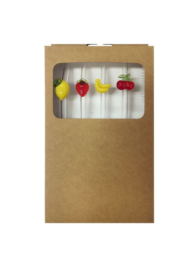 ايكانبو 4 قطع من المصاصات الزجاجية المقاومة للكسر مع فرشاة تنظيف واحدة، مصاصة ملونة لطيفة قابلة لإعادة الاستخدام لديكورات الحفلات ذات الطابع المحيطي، العصير، شاطئ الصيف، حفلات أعياد الميلاد (الفاكهة) - Image 5