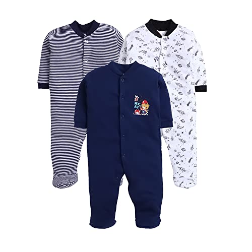 EIO 100% Cotton Baby Rompers Sleepsuits Jumpsuits Night Suits for Newborn Baby Boys & Girls | Soft Infant Bodysuit | Pack of 3 Kids Rompers - Image 1