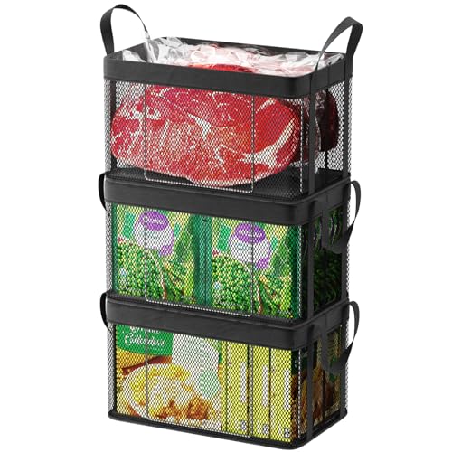 iSPECLE Freezer Organizer Bins, 3 Pack 15" Large Stackable Deep Freezer Organizer Bins for 5 to 7 Cu.Ft Chest Freezer, Sturdy Fabric & Stainless Steel for Meat & Vegetables, Easy Access, Black - Image 1