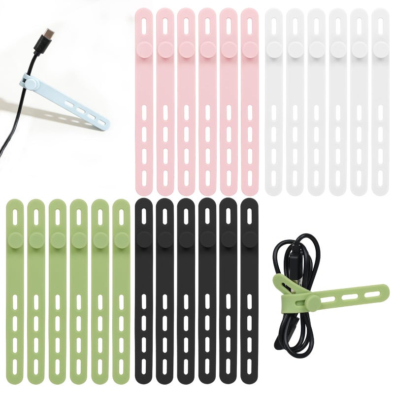 Donruby 24Pcs Silicone Cable Ties - Reusable & Washable with Locking Buckles, Adjustable Fastening Cable Management Straps, Multi-Purpose High Elasticity Cord Organizer (4 Colors) - Image 1