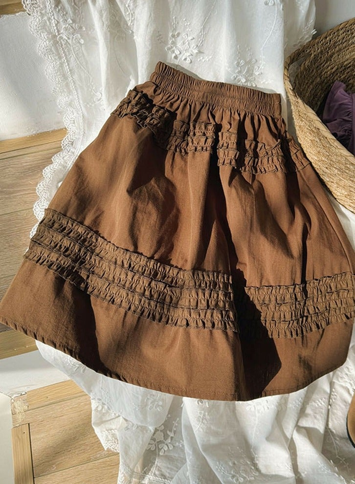 Loquat Girls Solid Color Elastic Waist A-Line Ruffle Skirt Brown 