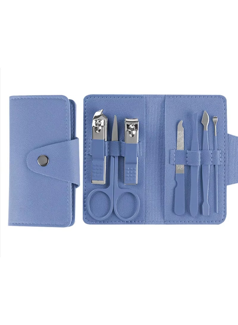 Blume Beauty 7 Pieces Manicure Set with Curved Scissors, Nail-clips, Eyebrow Tweezer, & Nail Manicure Tools.  Essential Beauty Tools Set for Men & Women in elegant Blue Soft PU Storage Case, Small & Compact for Bag & Travel. - Image 1