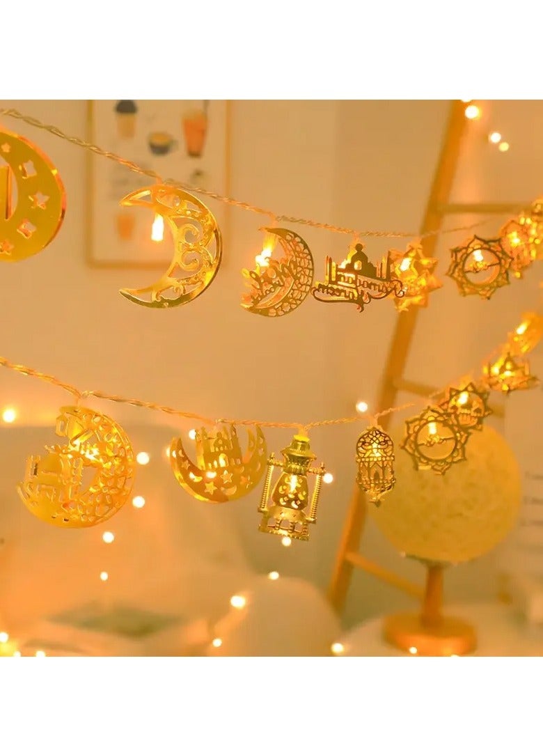 Home Care 1pc, Mix Style Iron Hollowed Out Ramadan String Lights, 1.8m/70.8inch 10 LED Battery Operated, Ramadan Decorations, Bedroom, Ramadan Lights, Living Room Decor, Eid Mubarak, for home, Smart, Spring, Summer, Holiday Decor (Batteries not included) - Image 1