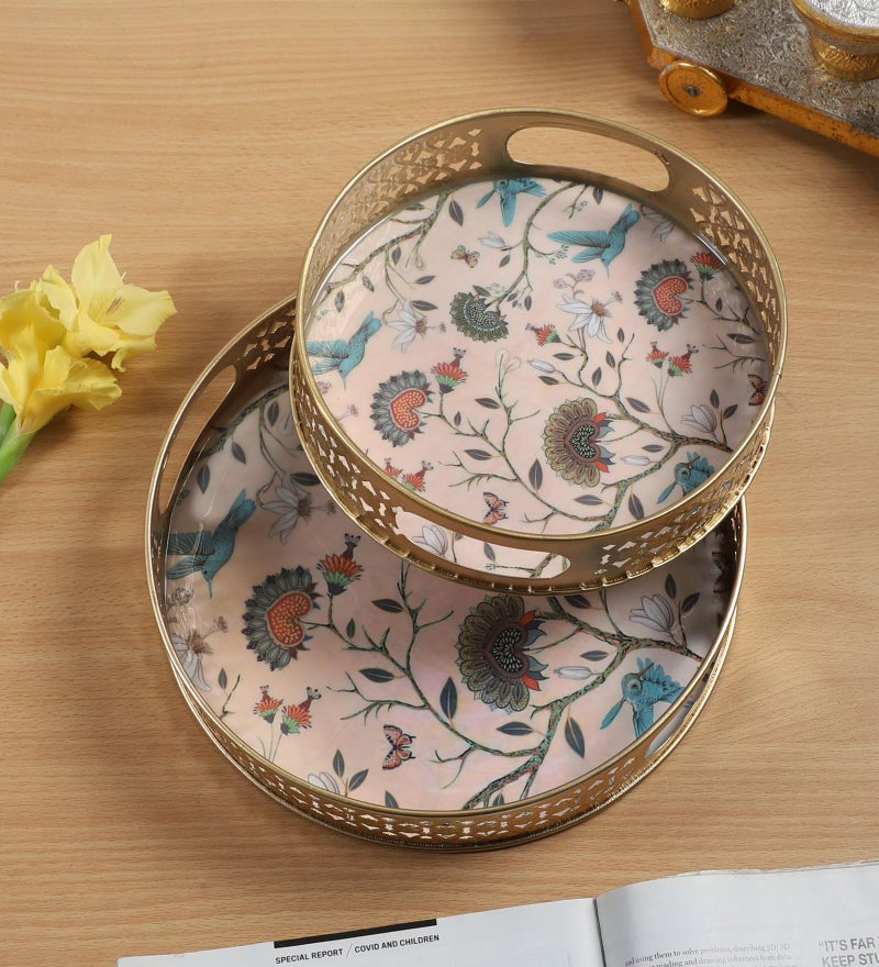 Two Moustaches Sparrows and Tree Design Serving Trays Set (8 Inches & 10 Inches), Serving Plates for Home, Platters for Tea/Fruits/Snacks, Decorative Pichwai Tray, Decorative Serving Tray(Pack of 2) - Image 1