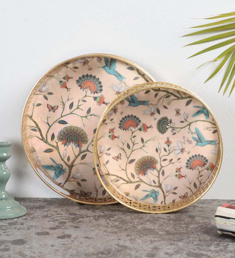 Two Moustaches Sparrows and Tree Design Serving Trays Set (8 Inches & 10 Inches), Serving Plates for Home, Platters for Tea/Fruits/Snacks, Decorative Pichwai Tray, Decorative Serving Tray(Pack of 2) - Image 2