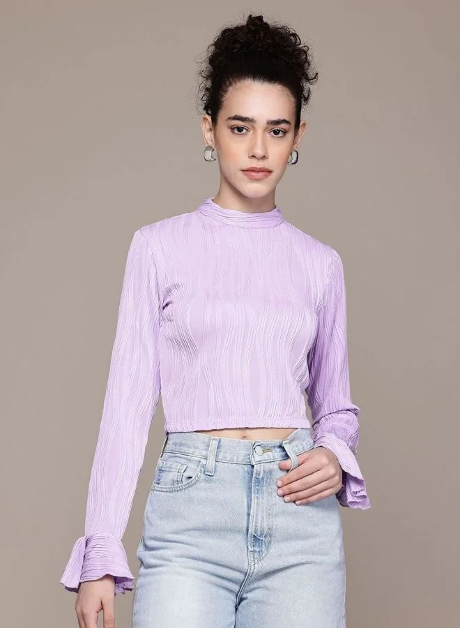 Women Regular Fit Textured Round Neck Long Sleeve Regular Top