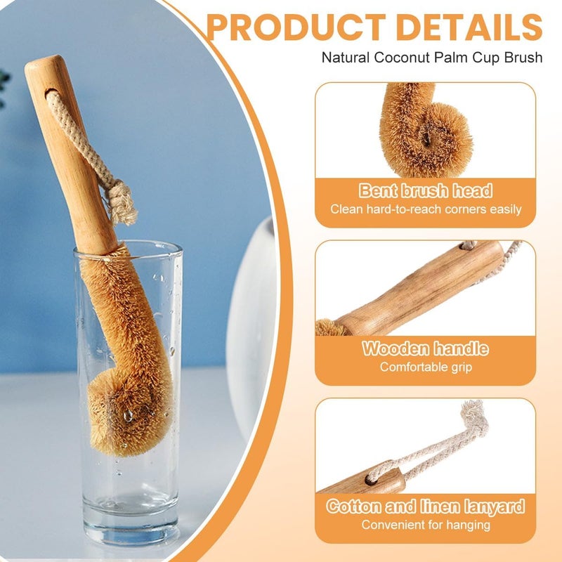 VANTOBEST 1Pcs Coconut Fibre Brush with Natural Wooden Handle Hangable Kitchen Multifunction Brush Cup Brush Washing Brush for Glass Feeding Bottle Wine Bottle - Image 3