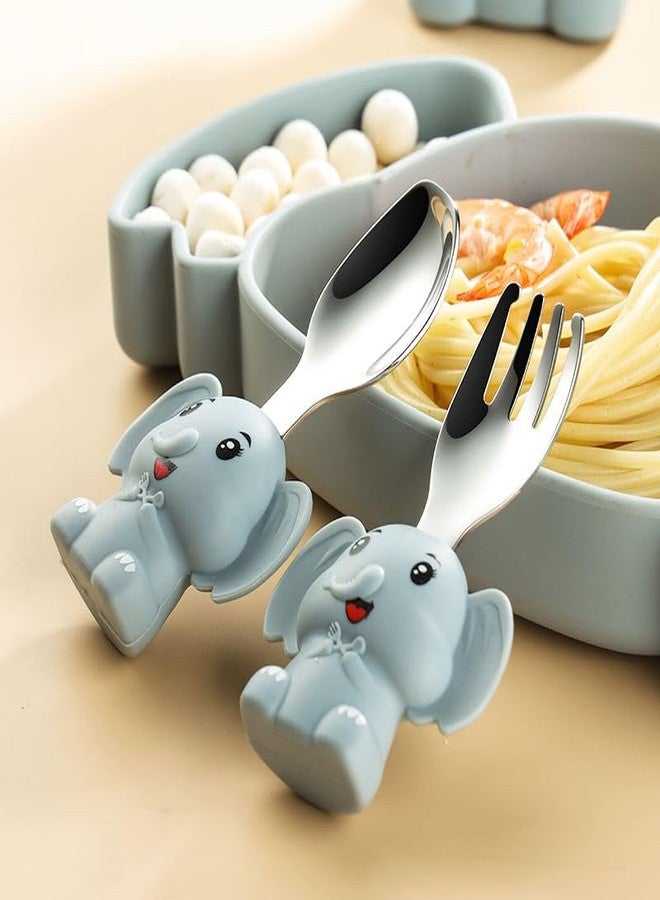 PRECHANA Suction FeedingPlates for Babies, Silicone FeedingPlates with Suction Divided, Babies Spoon Fork Set for Toddler Baby Dishes Kids (Elephant with Water Bottle) - Image 2