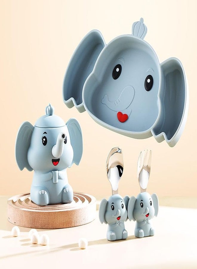 PRECHANA Suction FeedingPlates for Babies, Silicone FeedingPlates with Suction Divided, Babies Spoon Fork Set for Toddler Baby Dishes Kids (Elephant with Water Bottle) - Image 1