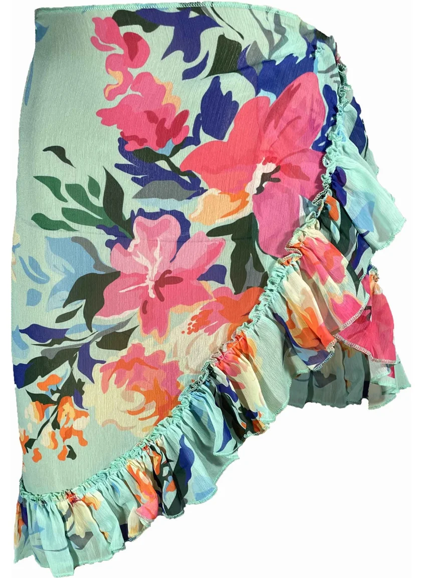 Bolder Frida Turquoise Flower Pattern Short Ruffle Pareo