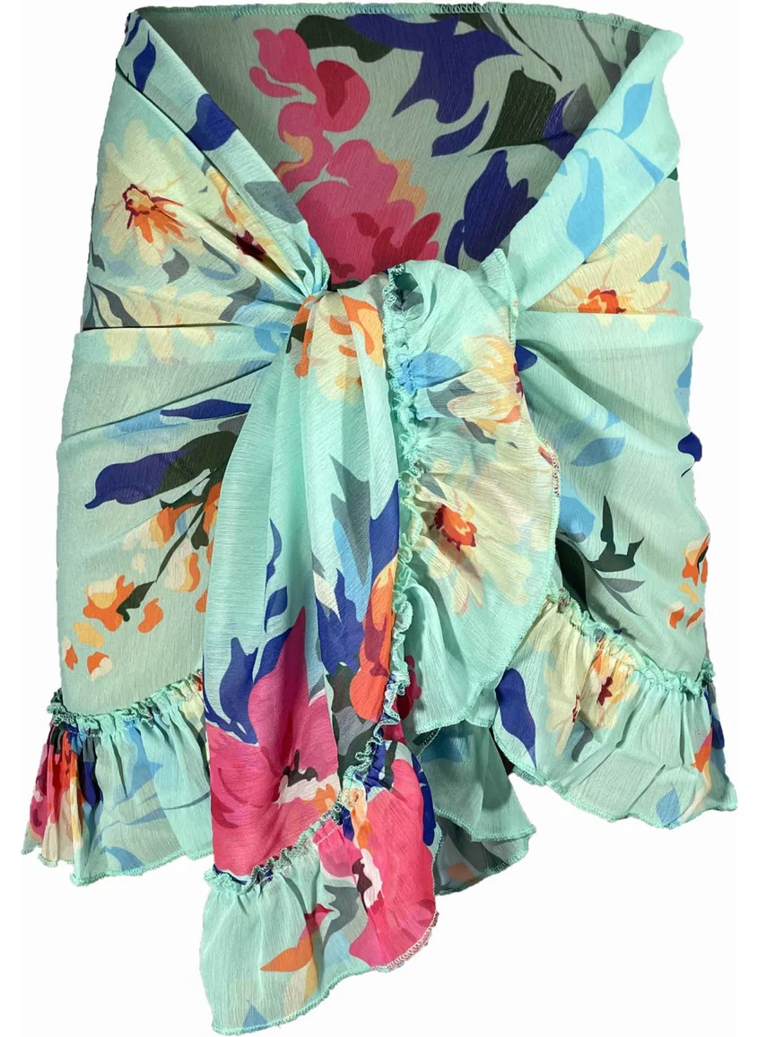 Bolder Frida Turquoise Flower Pattern Short Ruffle Pareo