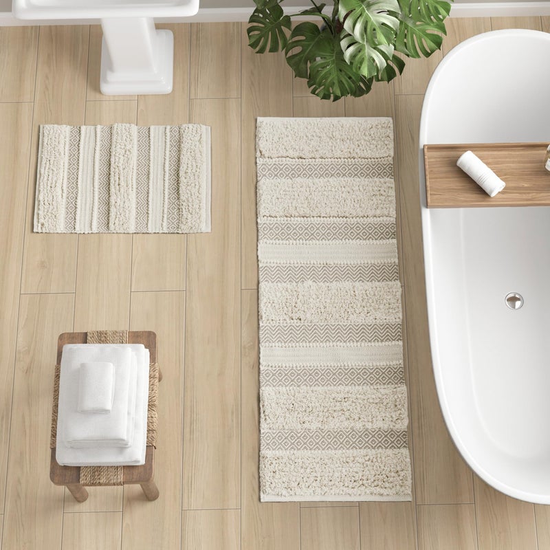 INKIVY Bath Rug HandWoven Texture Shaggy Striped Soft  Water Absorbent Boho Bathroom Dcor BathMats NonSlip Absorbent Quick Dry Mats for Tub Shower Room Asher 20x32 Natural
