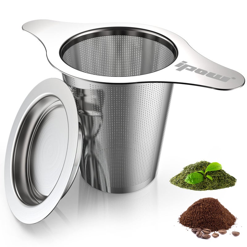 IPOW Reusable Stainless Steel Coffee Filter Paperless Coffee Maker Strainer Double Fine Mesh Basket for Loose Tea Ground Coffee Coaster Lid Long Handle for Cup Mug Teapot