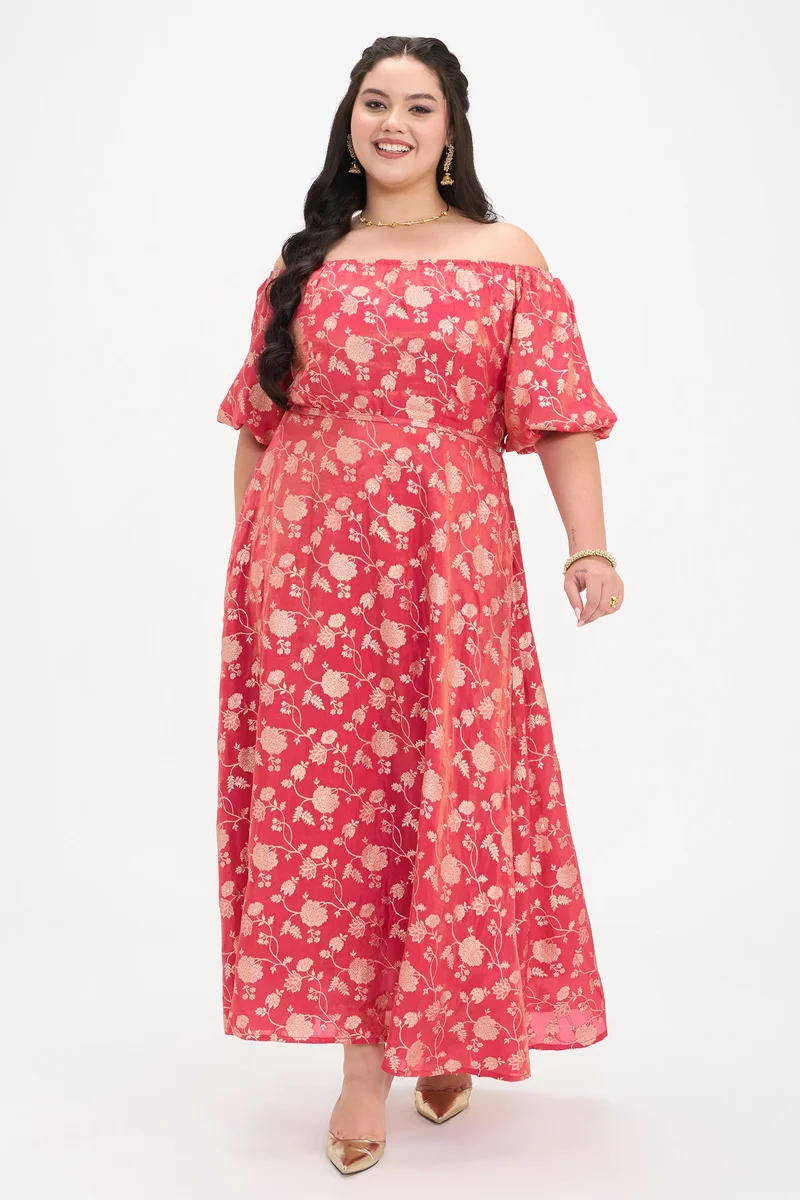 Virgio Ethnic Motifs Viscose Brocade Off-Shoulder Maxi Plus Size Dress for Women