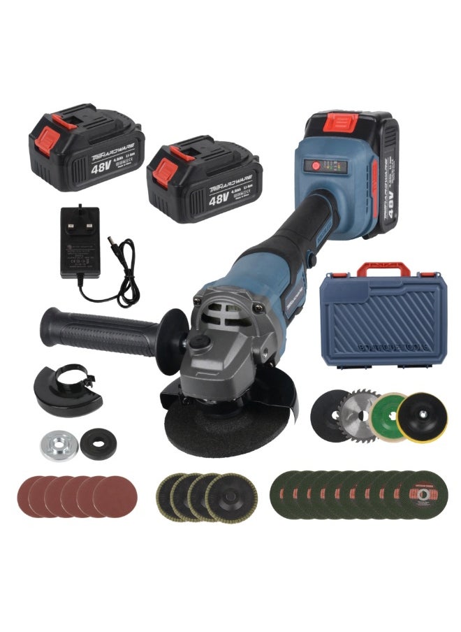 TriThardware 48V Cordless Angle Grinder Kit with Brushless Electric Motor, including 2pcs 4.0 AH Batteries,Fast Charger, Easy Handle with Cutting Disc and Grinding Disc in Tool Box  - Image 1