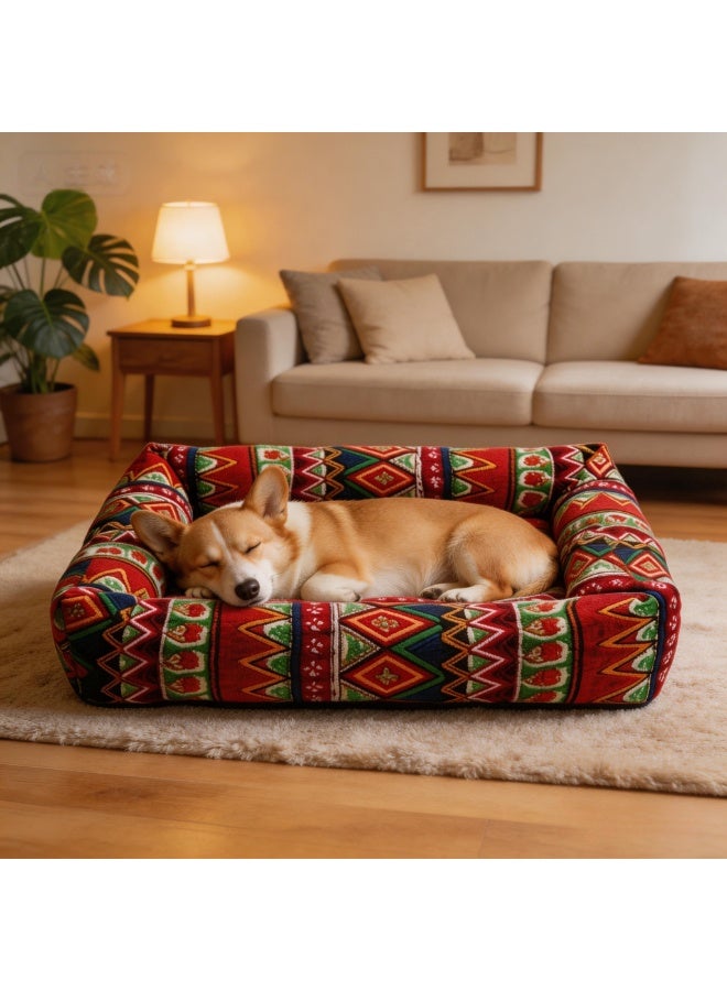 زيشينغ سرير كلاب زيشينغ كبير، مناسب للقطط، سرير كلاب كبير، سرير جرو، سرير كلاب صغير، سرير حيوانات أليفة قابل للغسل بنقشة بوهيمية مع قاعدة غير قابلة للانزلاق، قطن ناعم ومريح، 60x50x10 سم (أحمر) - Image 3