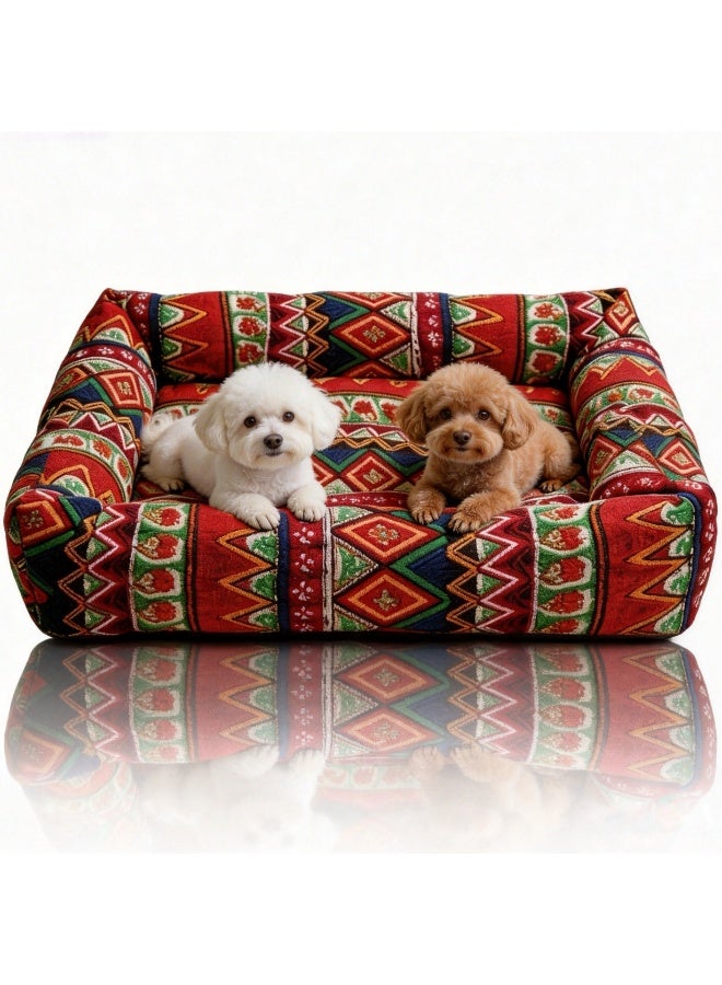 زيشينغ سرير كلاب زيشينغ كبير، مناسب للقطط، سرير كلاب كبير، سرير جرو، سرير كلاب صغير، سرير حيوانات أليفة قابل للغسل بنقشة بوهيمية مع قاعدة غير قابلة للانزلاق، قطن ناعم ومريح، 60x50x10 سم (أحمر) - Image 1