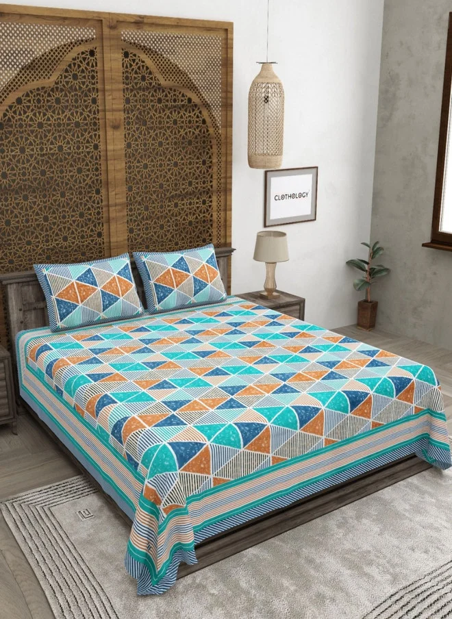 CLOTHOLOGY CLOTHOLOGY Green Geometric Pure Cotton 180 TC King Size Bedsheet Set with 2 Pillow Covers