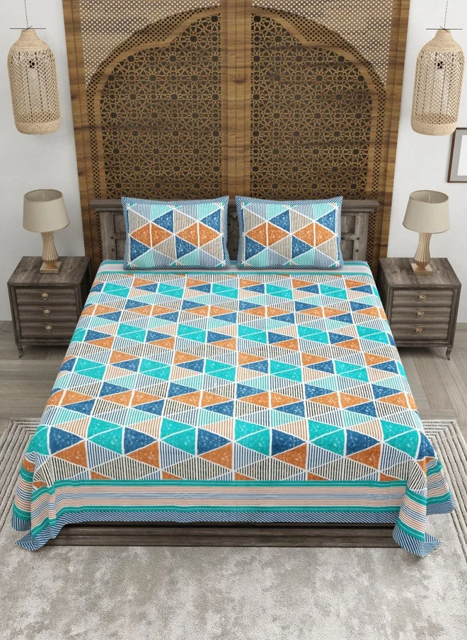 CLOTHOLOGY CLOTHOLOGY Green Geometric Pure Cotton 180 TC King Size Bedsheet Set with 2 Pillow Covers