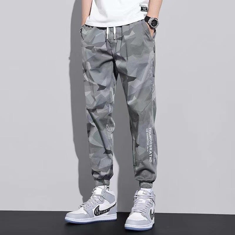 Ice silk pants mens summer thin quick-drying breathable casual sports pants loose ankle-tied trendy camouflage overalls k96 Gray - Image 1