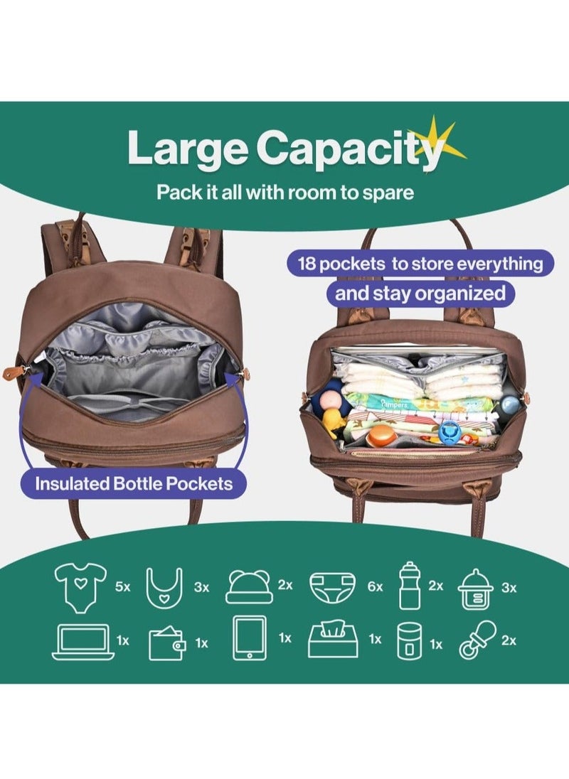 BabbleRoo Diaper Bag Backpack - Baby Essentials Travel Tote Multi function Waterproof Bag, with Changing Pad, Stroller Straps & Pacifier Case Unisex, Brown