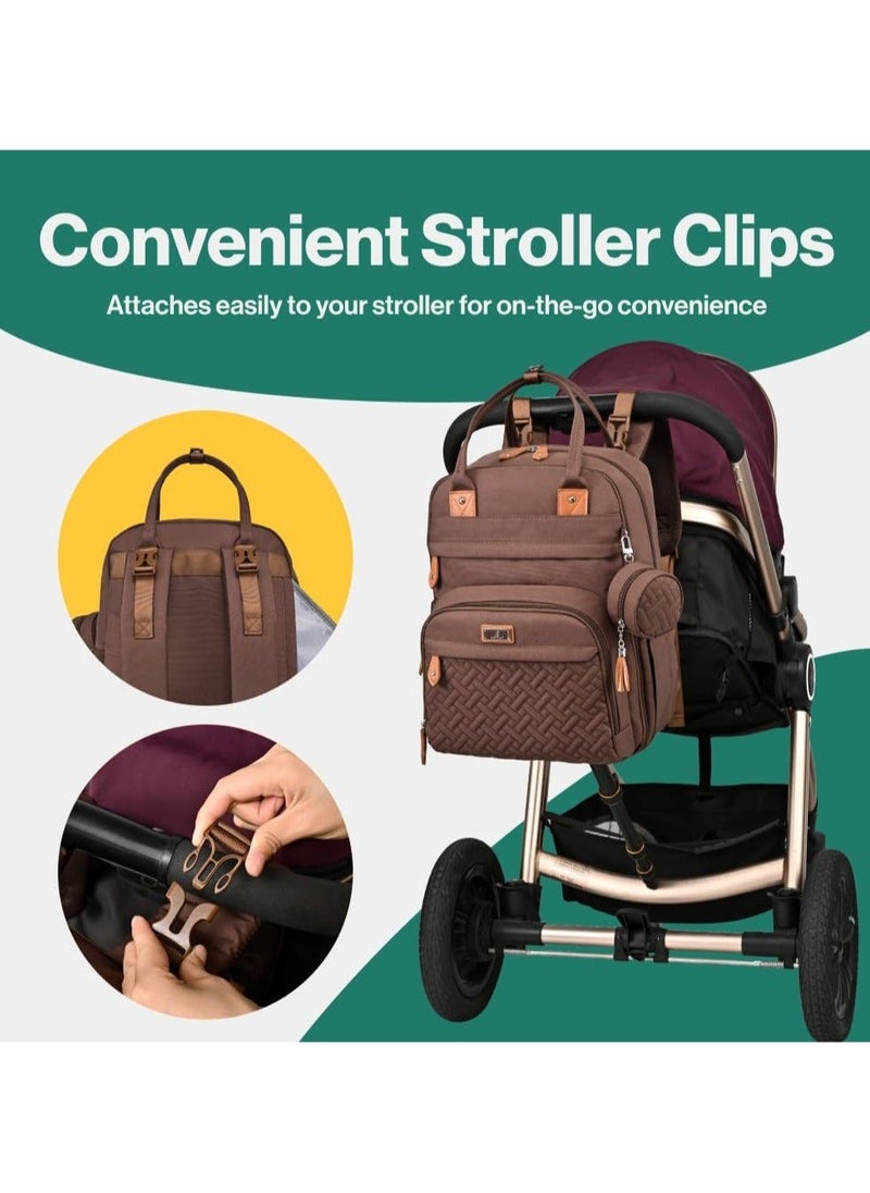 BabbleRoo Diaper Bag Backpack - Baby Essentials Travel Tote Multi function Waterproof Bag, with Changing Pad, Stroller Straps & Pacifier Case Unisex, Brown