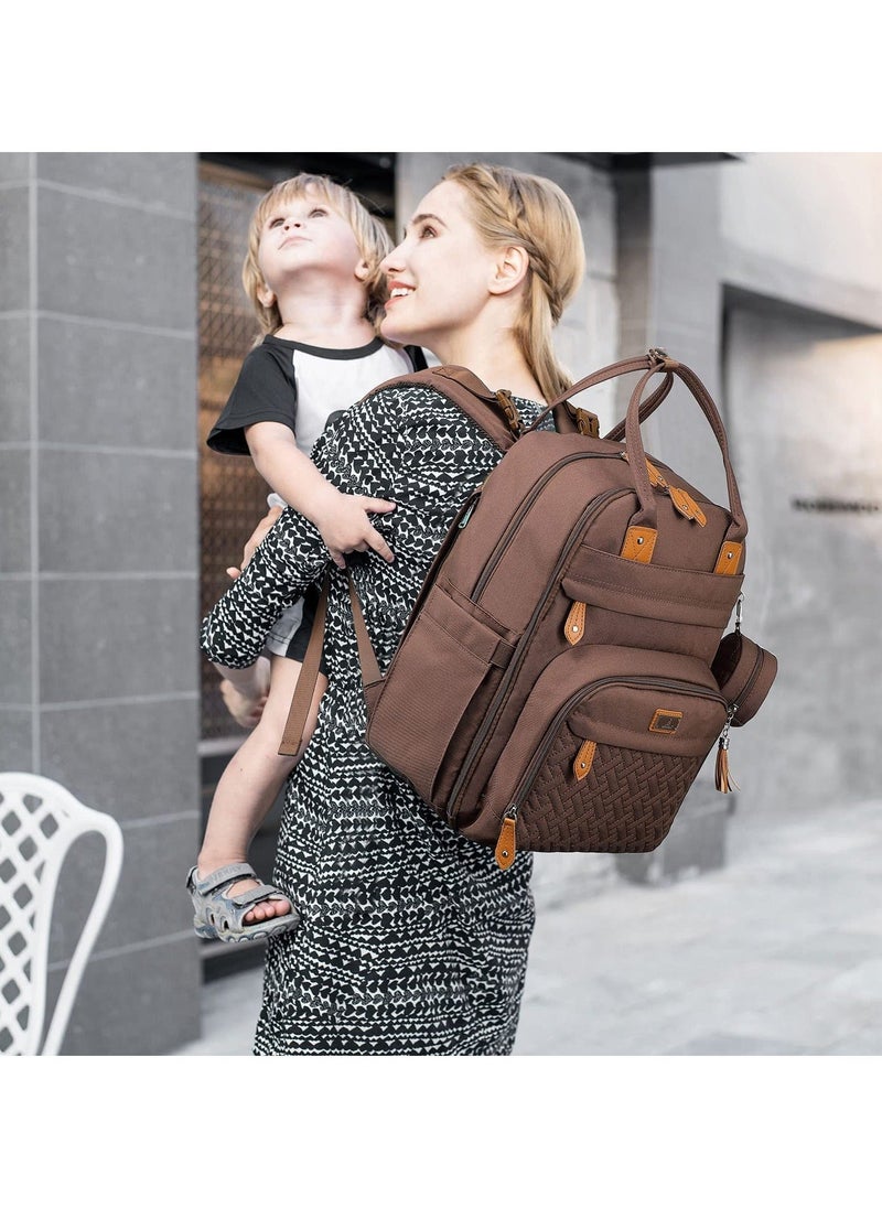 BabbleRoo Diaper Bag Backpack - Baby Essentials Travel Tote Multi function Waterproof Bag, with Changing Pad, Stroller Straps & Pacifier Case Unisex, Brown