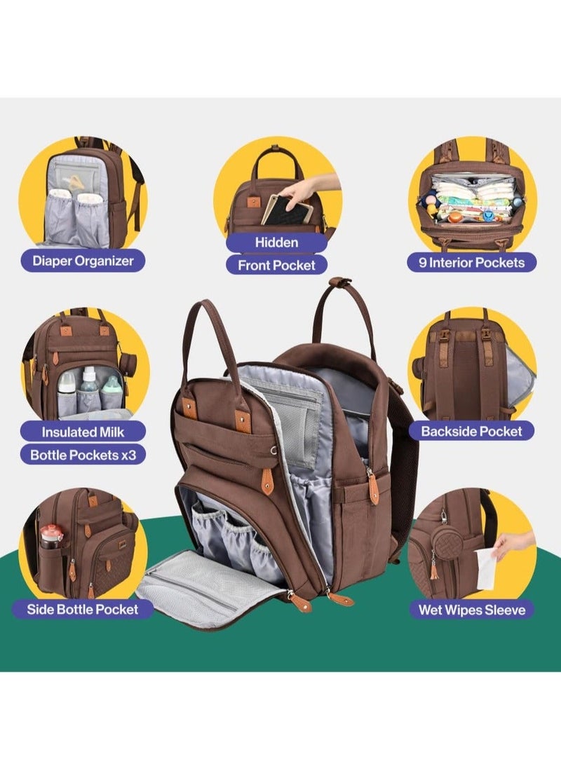 BabbleRoo Diaper Bag Backpack - Baby Essentials Travel Tote Multi function Waterproof Bag, with Changing Pad, Stroller Straps & Pacifier Case Unisex, Brown