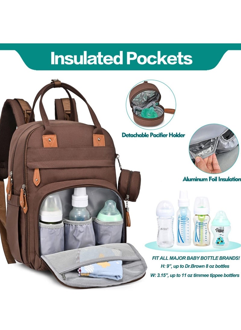 BabbleRoo Diaper Bag Backpack - Baby Essentials Travel Tote Multi function Waterproof Bag, with Changing Pad, Stroller Straps & Pacifier Case Unisex, Brown