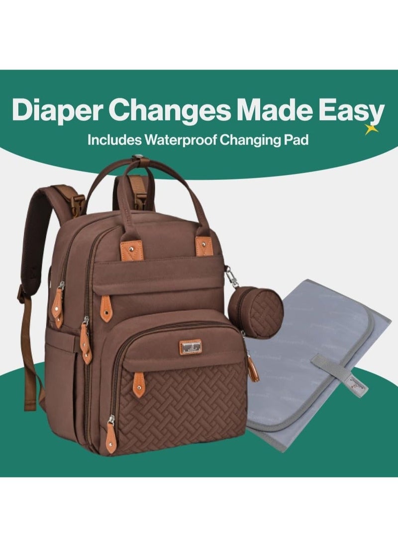 BabbleRoo Diaper Bag Backpack - Baby Essentials Travel Tote Multi function Waterproof Bag, with Changing Pad, Stroller Straps & Pacifier Case Unisex, Brown