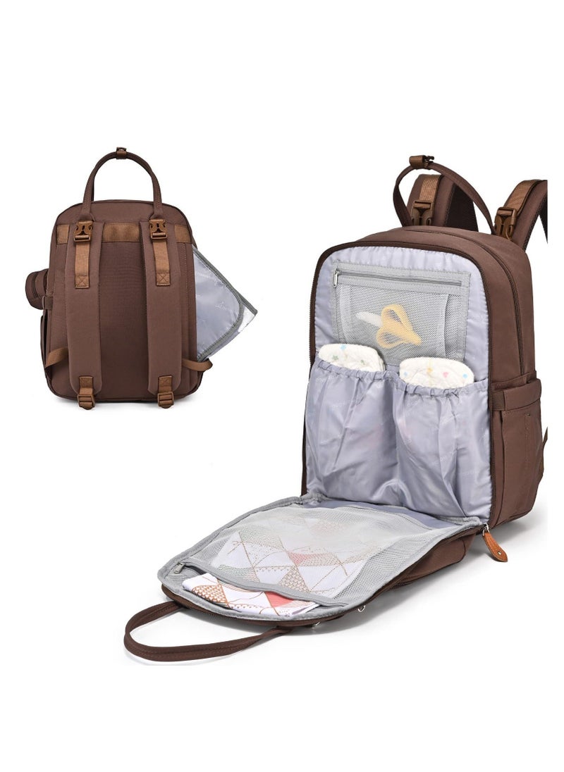 BabbleRoo Diaper Bag Backpack - Baby Essentials Travel Tote Multi function Waterproof Bag, with Changing Pad, Stroller Straps & Pacifier Case Unisex, Brown