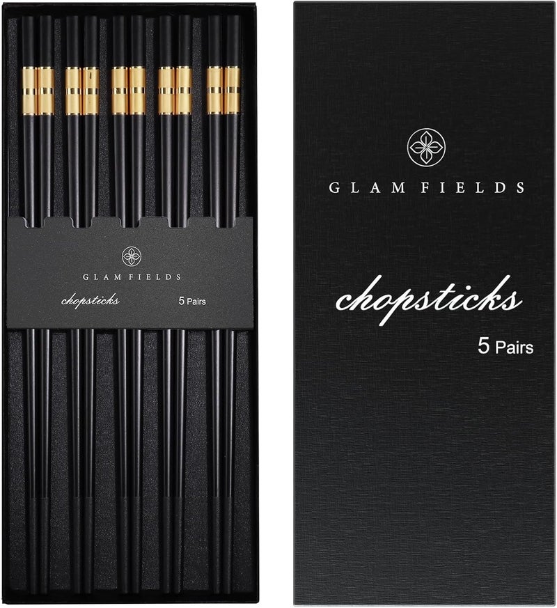GLAMFIELDS 5 Pairs Premium Chopsticks Reusable Dishwasher Safe 9.5 Inch Fiberglass Chop Sticks Gift Set Non Slip Black+Gold - Image 1