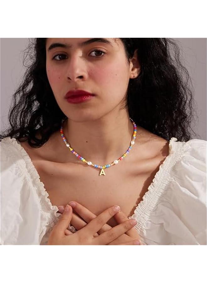 Cute Initial Necklaces for Girls Women Trendy Dainty Colorful Beaded Pearl Letter Choker Lockets Necklace for Kids Handmade 14K Gold Plated  Birthday Jewelry Gifts for Teen Girls - Image 2