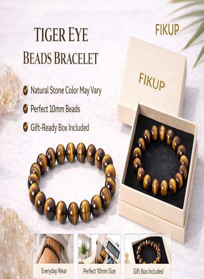 Fikup Natural Tiger Eye Stone Bracelet | 10mm Round Beads | Feng Shui Inspired Stretch Bracelet | Unisex Crystal Jewelry - Image 5