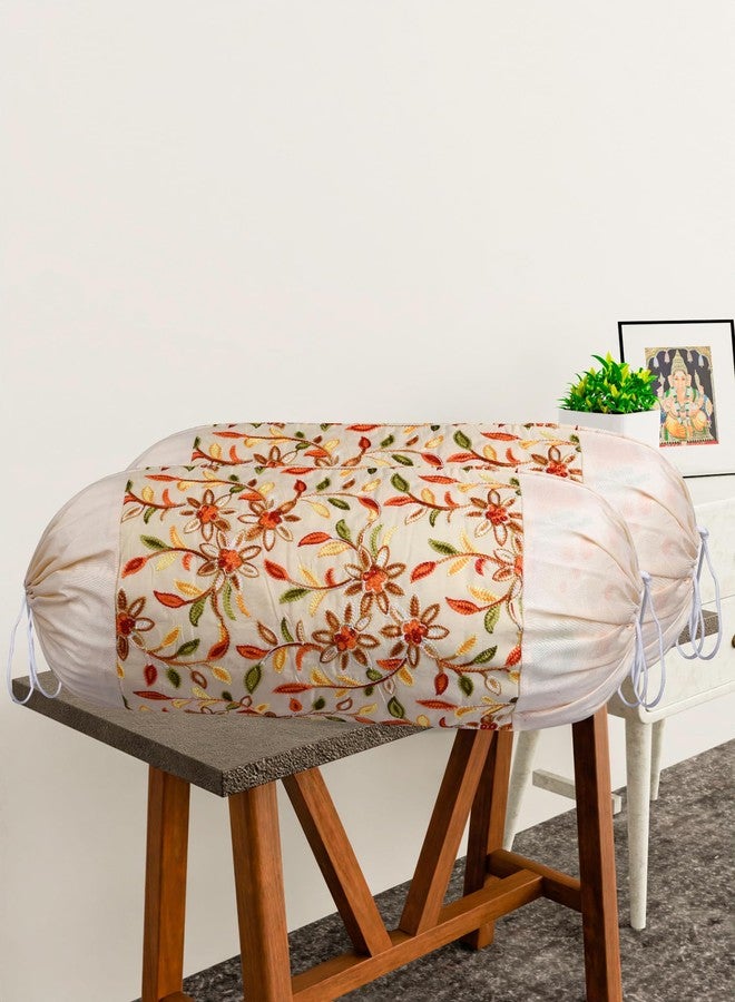 Kuber Industries Bolster Covers | Polyester Bolster Cover Set | Diwan Bolster Cover Set | Embroidery Design Masand Cover | 16x32 Inch | Pack of 2 | Cream - Image 2