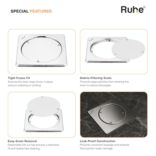 Ruhe® Square Clean Out with Collar Floor Drain (5 x 5 inches) | Stainless Steel Square Clean Out Jali | (5 x 5 inches) | (Pack of 1) - Image 3