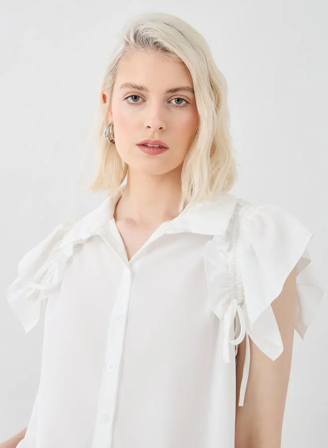 Take Two Take Two Solid Ruffled Detail Sleeveless Shirt